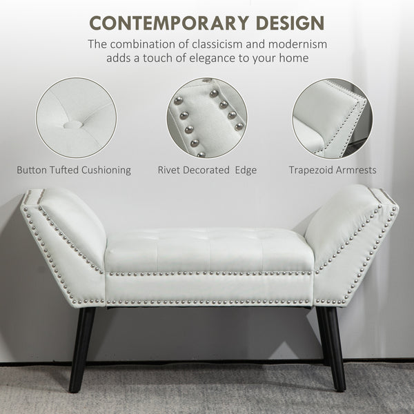 Modern upholstered bench with arms and nailhead trim, white