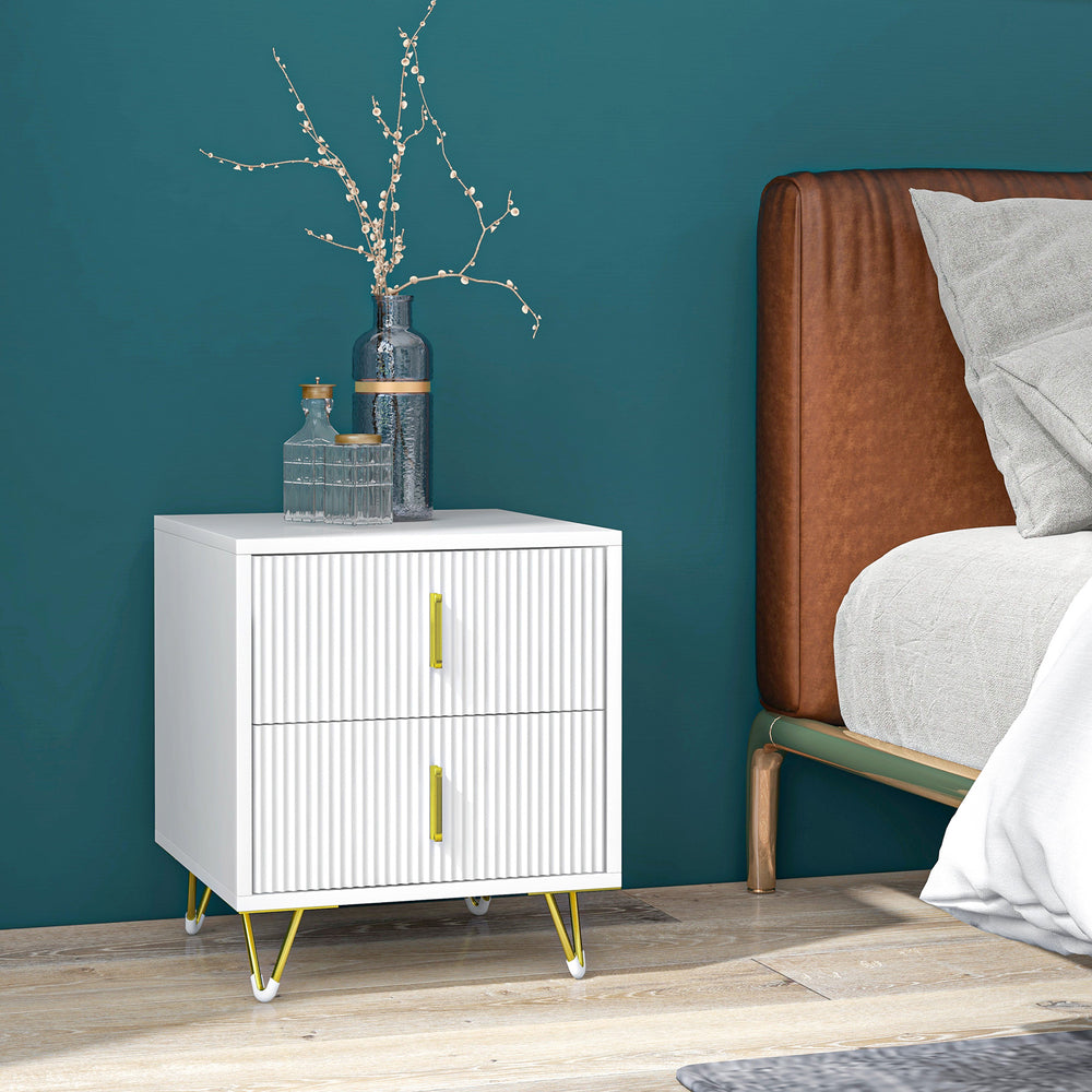 Modern bedside table with 2 drawers and white metal legs
