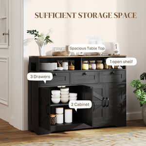 Sideboard with 4 barn doors and 3 drawers, coffee bar cabinet with adjustable shelves, black
