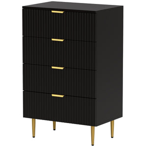 Modern 4-drawer dresser for bedroom, gold legs and handles, black