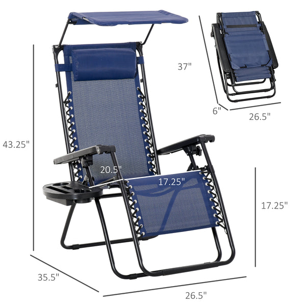 Set of 2 folding chairs with zero-gravity canopy, blue