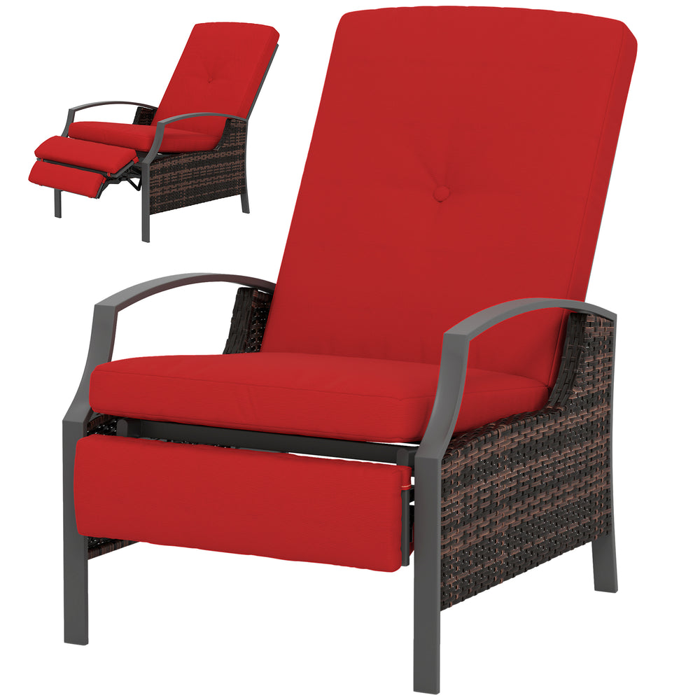 Outdoor Rattan Recliner Chair with Adjustable Backrest and Retractable Footrest, Wine Red Color