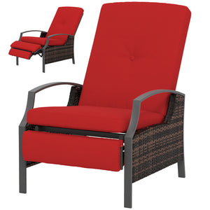 Outdoor Rattan Recliner Chair with Adjustable Backrest and Retractable Footrest, Wine Red Color