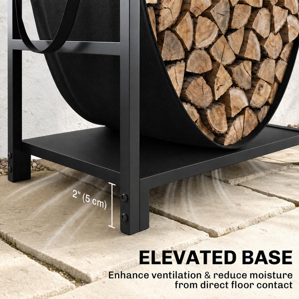Compact steel firewood rack with carrying bag, black