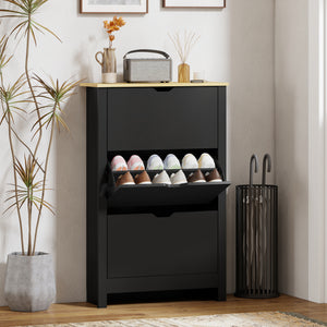 Shoe cabinet with 3 hinged drawers and adjustable shelves for 12 to 18 pairs of shoes, black