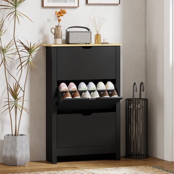 Shoe cabinet with 3 hinged drawers and adjustable shelves for 12 to 18 pairs of shoes, black