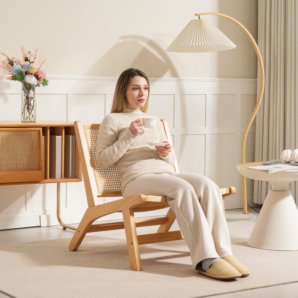 Rattan accent chair with rubberwood frame, natural color