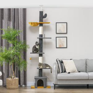 Cat tree with adjustable height from 230 to 274 cm, scratching posts, hammock, house, play ball, dark gray