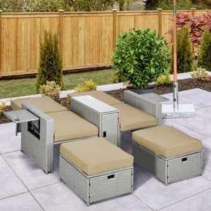 5PC Wicker Patio Lounger, Outdoor PE Rattan 5-level Adjustable Recliner Sofa Bed with Storage Side Table and Footstools, for Patio, Garden, Poolside, Khaki