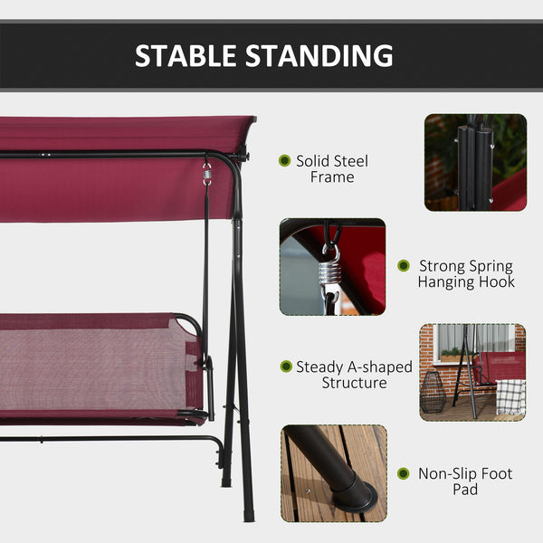 3-Seater Outdoor Porch Swing with Adjustable Canopy, Patio Swing Chair for Garden, Poolside, Backyard, Wine Red