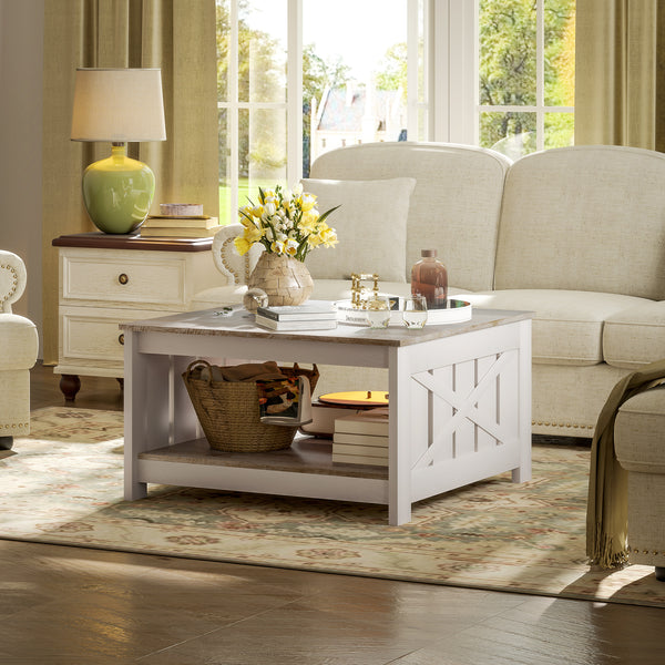 Farmhouse Style Two-Tier Square Coffee Table, Weathered Oak and Brown