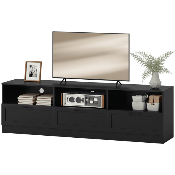 TV stand with 3 cabinets and 3 open shelves, for TVs up to 85 inches, black