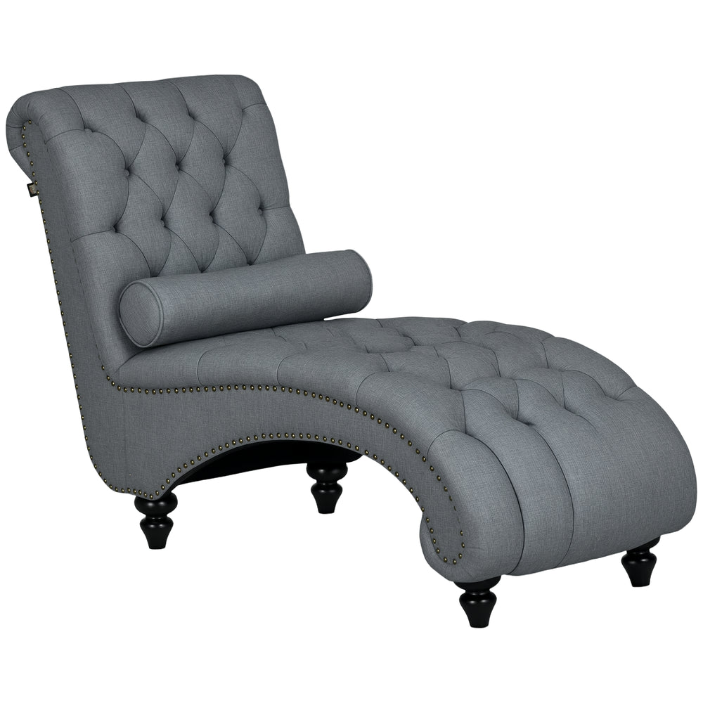 Upholstered button tufted chaise longue with wooden legs, gray