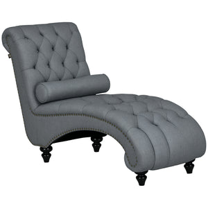 Upholstered button tufted chaise longue with wooden legs, gray