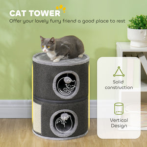 Two-story cat tree with perch, two hiding places, scratching post, cushions, play balls, dark gray