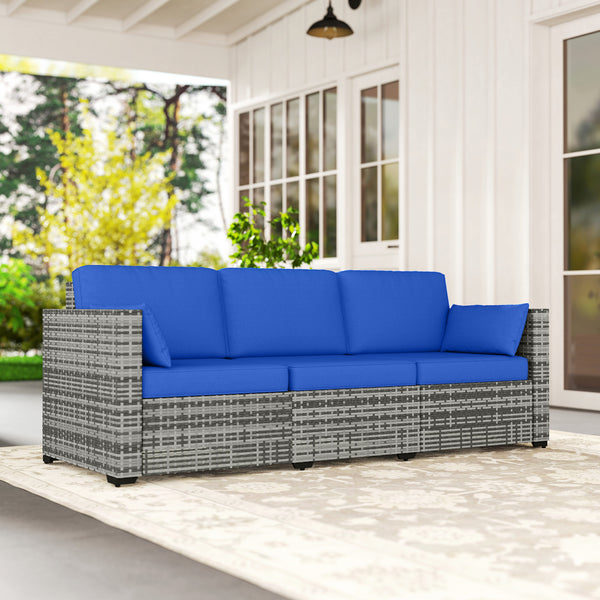 3-seater PE rattan outdoor sofa with cushions, blue