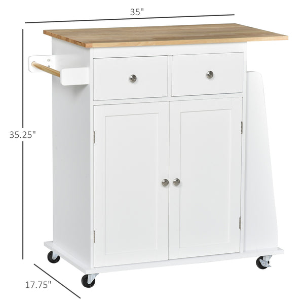 Rolling Kitchen Cart with Rubber Wood Top, 3-Tier Spice Rack and Towel Rack, White.