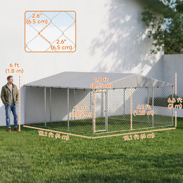 Reinforced dog kennel with roof, 13.1 x 13.1 ft