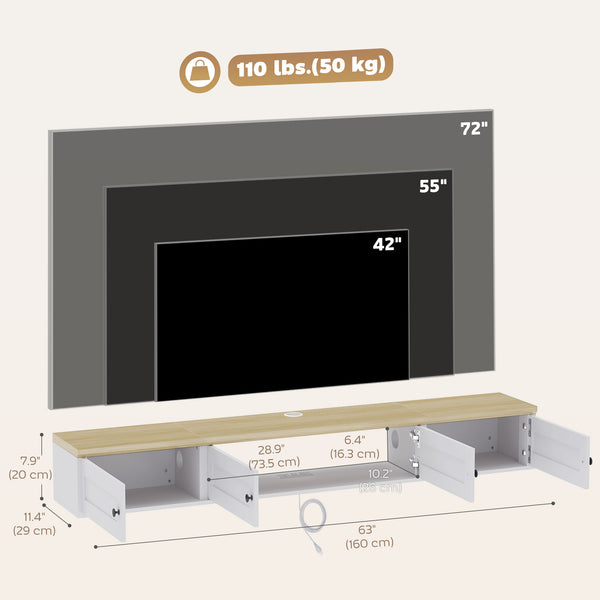 63" Floating Wall-Mounted TV Stand with Storage and Charging Station, White