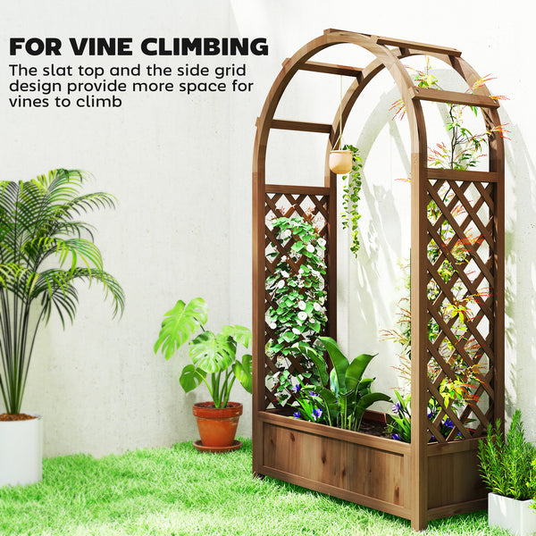 Raised planter with arched trellis, dark brown wood