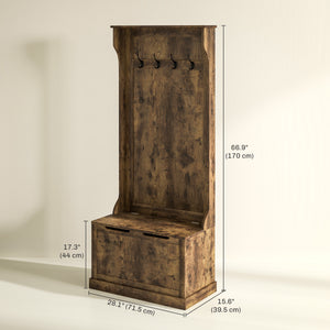 4-In-1 Hall Tree with Coat Rack, Top Shelf, Shoe Storage and Bench Seat, Entryway Bench with 4 Hooks, Rustic Brown