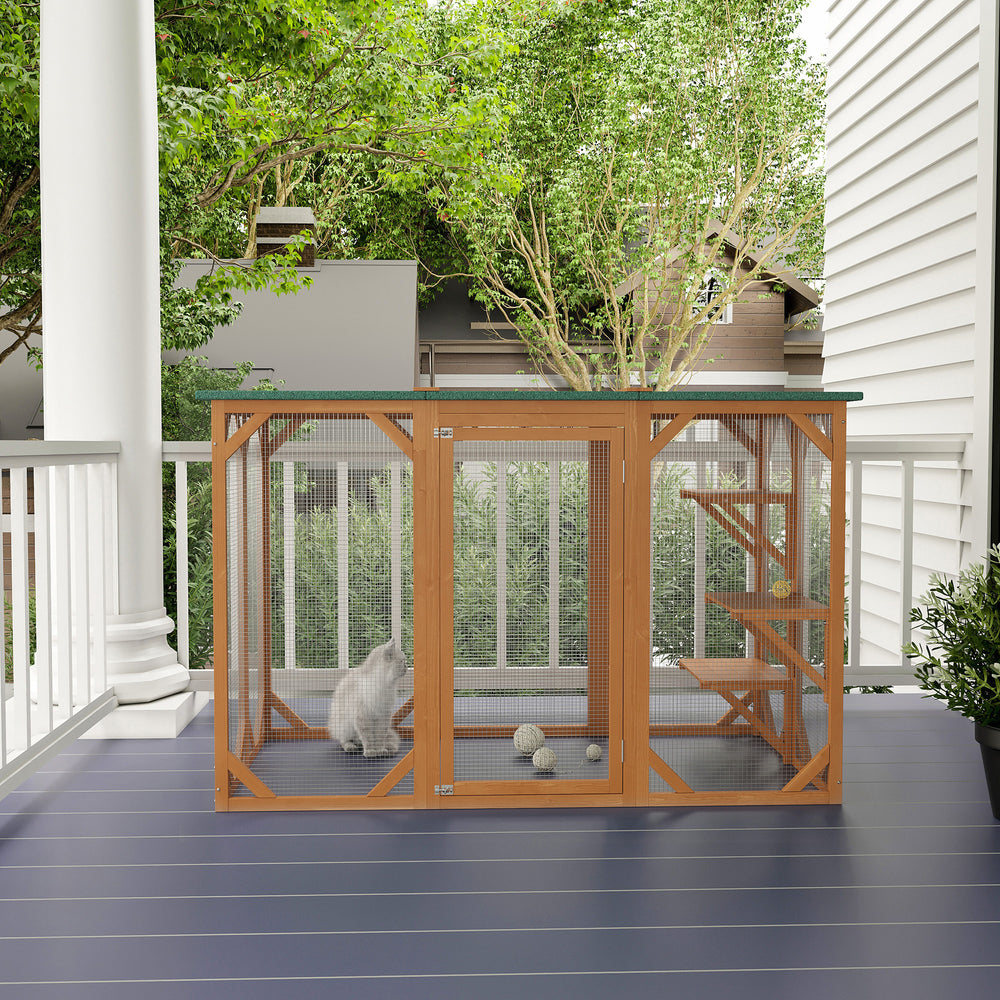 Outdoor cat enclosure with waterproof roof, multi-level platforms and lock