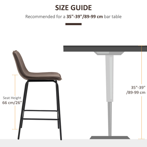 Set of 2 padded bar stools with steel legs, coffee color