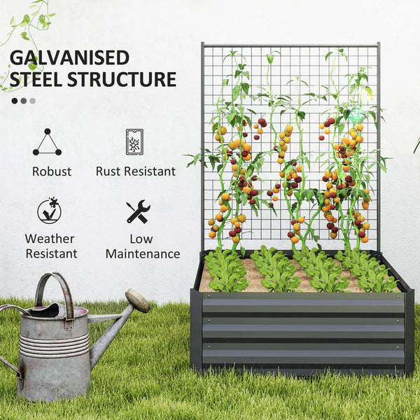 Galvanized Raised Garden Bed with Trellis for Climbing Plants, Outdoor Planter Box with Open Bottom, Dark Gray