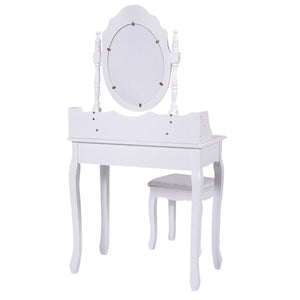 Dressing table set with padded stool, 360° rotating oval mirror and three drawers - White