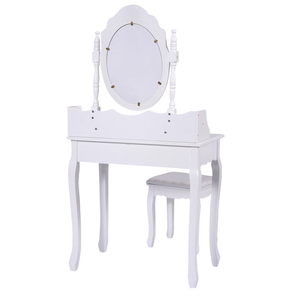 Dressing table set with padded stool, 360° rotating oval mirror and three drawers - White