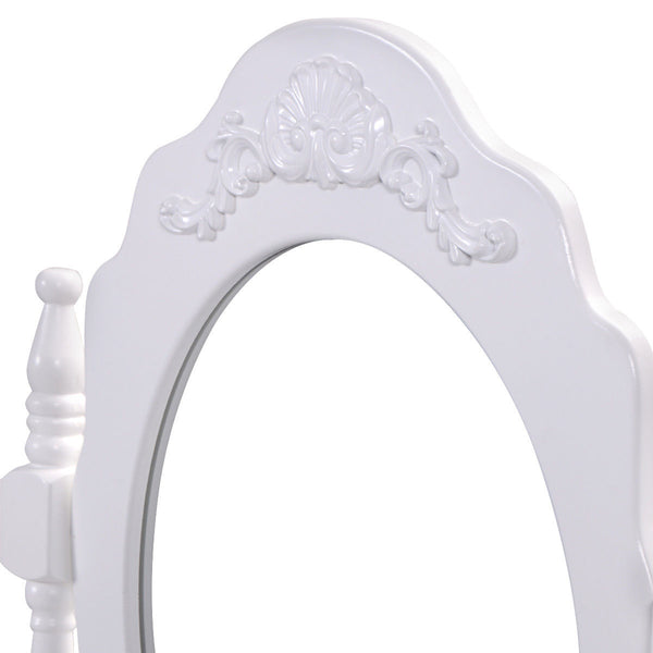 Dressing table set with padded stool, 360° rotating oval mirror and three drawers - White