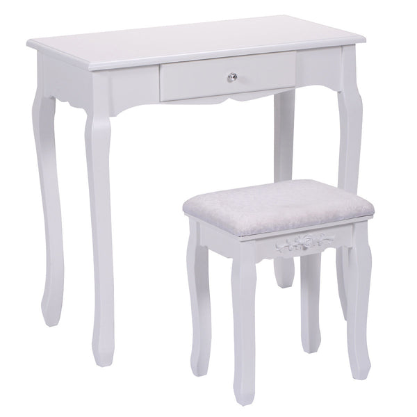 Dressing table set with padded stool, 360° rotating oval mirror and three drawers - White