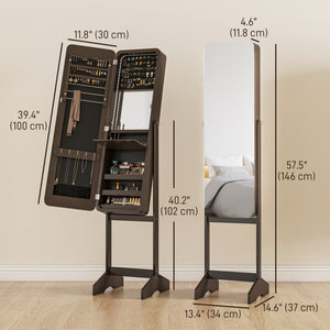 Standing jewelry cabinet with mirror, LED lighting, brown