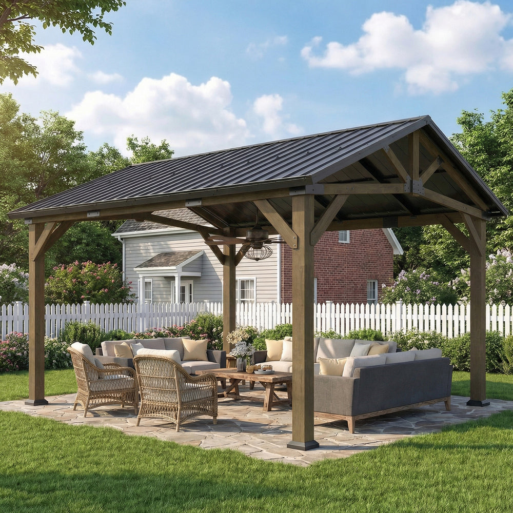 Rigid garden canopy with galvanized steel roof, fir wood frame and central patio hook, black and gray