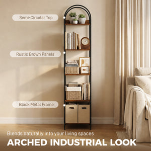 Narrow 5-tier arched bookshelf with metal frame – Rustic brown and black