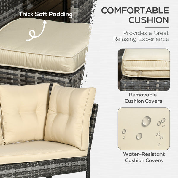 6-Piece Wicker Dining Set with Removable Cushions, Glass Top, 2 Ottomans and Coffee Table, Khaki