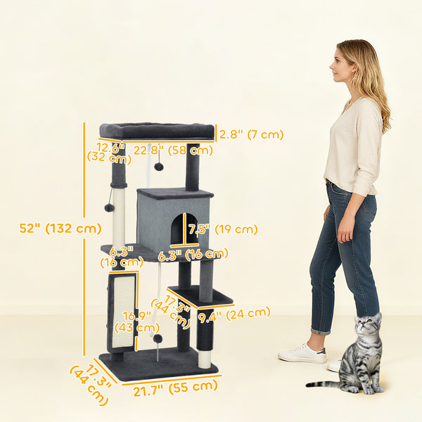 132cm Cat Tree with Scratching Posts, Basket, Kennel and Grooming Brush, Grey