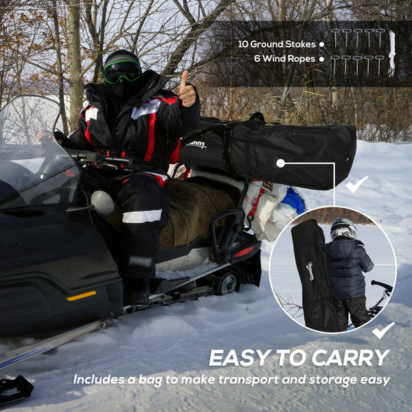 Portable ice fishing shelter for 5 to 8 people, black.