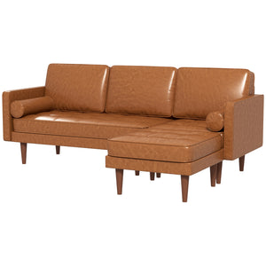 Faux Leather Sectional Sofa with Ottoman and 2 Bolster Cushions, Brown