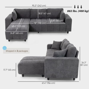 Sectional sofa with integrated seat, removable chaise longue, 2 cushions, gray