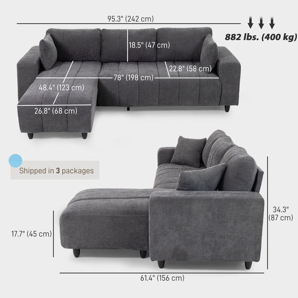 Sectional sofa with integrated seat, removable chaise longue, 2 cushions, gray