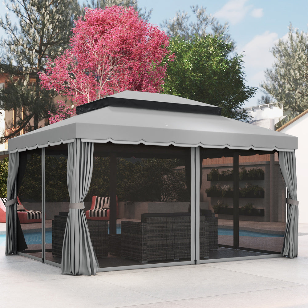 13' x 10' Patio Gazebo Canopy with 2-Tier Polyester Roof, Vented Mesh Sidewall & Strong Aluminum Frame, Light Grey