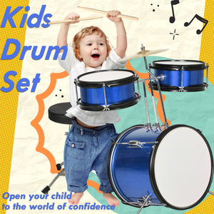 7-piece children's drum set with seat, cymbal, pedal and drumsticks, blue