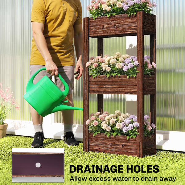3-tier wooden raised garden bed with legs, drainage holes, and bed liner.