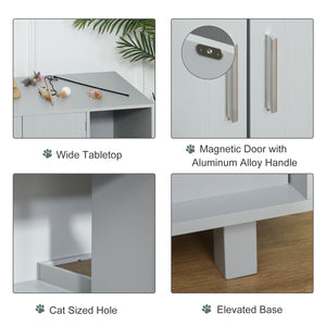 Litter box cabinet with scratching post, magnetic doors, grey