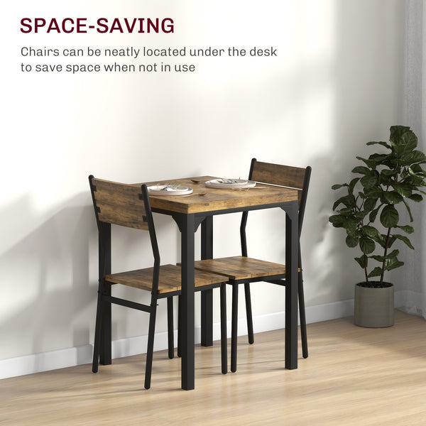 2-person table and chairs set, 3 pieces with metal legs, rustic brown color.