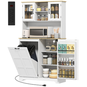 Storage Cabinet with Charging Station, 7 Gallon Trash Can and Adjustable Shelves, White