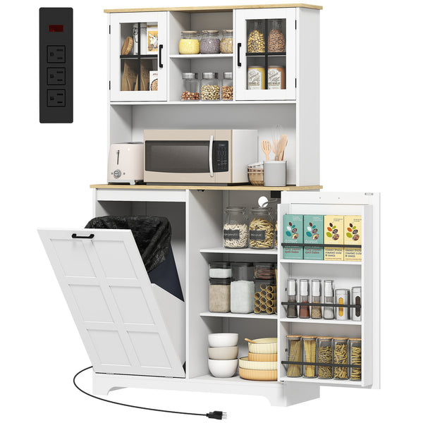 Storage Cabinet with Charging Station, 7 Gallon Trash Can and Adjustable Shelves, White