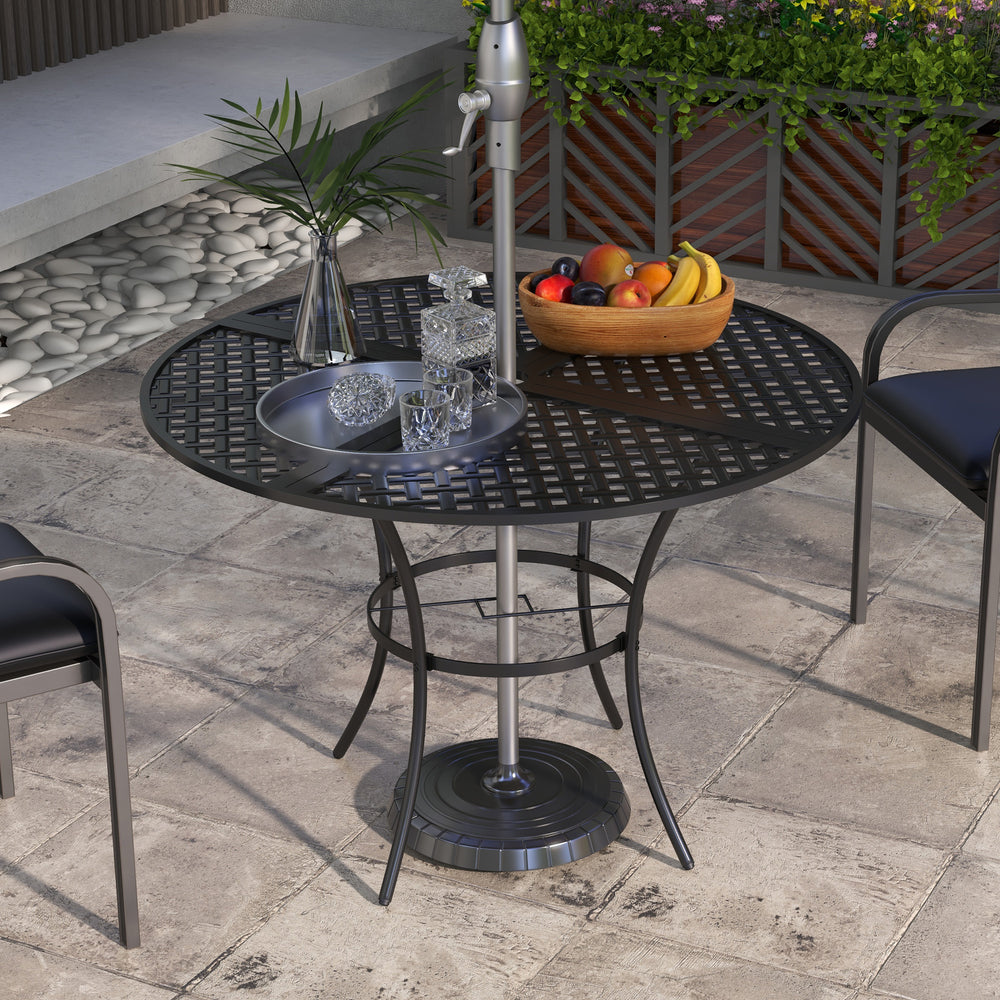 Round outdoor dining table with parasol hole