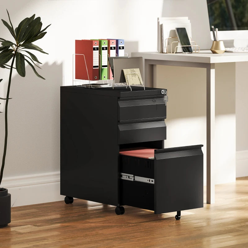 3 Drawer Filing Cabinet with Lock, Steel Office Storage Cabinet with Hanging Bar for A4, Legal and Letter Files, Black